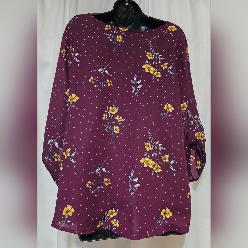 Pink Republic Womens Plum  Floral Blouse w Roll Tab Sleeves w/Tie Front Size XL - Picture 3 of 9